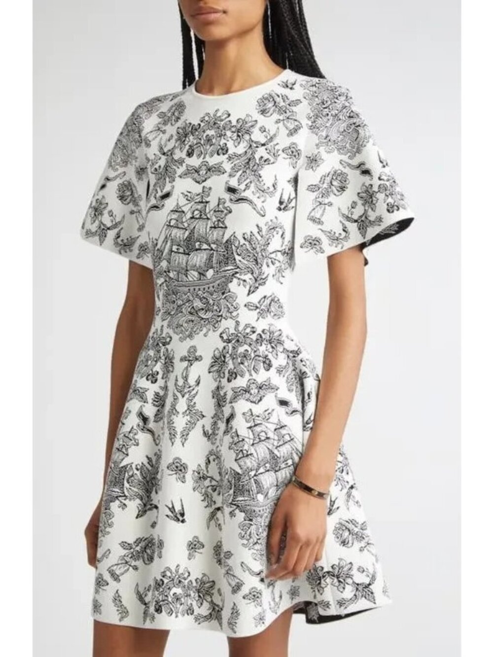 Alexander McQueen sailor tattoo jacquard cape sleeve fit & flare sweater dress
